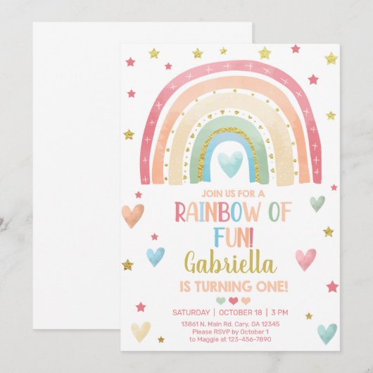 Pastel regenbooggoud meisje 1 verjaardag uitnodigi kaart (Voorkant / Achterkant)