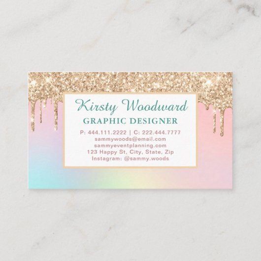 Pastel regenbooggradiënt & gouddruppelglitter visitekaartje (Achterkant)