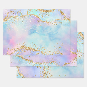 Pastel Regenboogkleuren & Gouden Glitter Agate Inpakpapier Vel