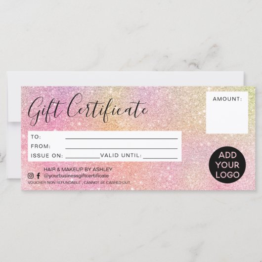 Pastel regenbooglitter roze cadeaubon logo (Voorkant)