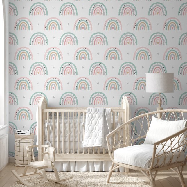 Pastel Regenboogpatroon met Harten Behang (Kinderen)