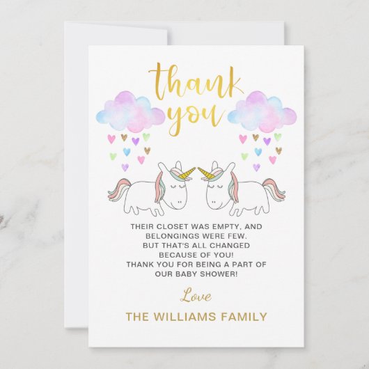 Pastel RegenboogUnicorn Twin Baby shower Bedankkaart (Voorkant)