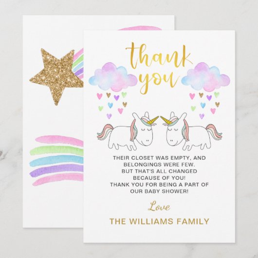 Pastel RegenboogUnicorn Twin Baby shower Bedankkaart (Voorkant / Achterkant)