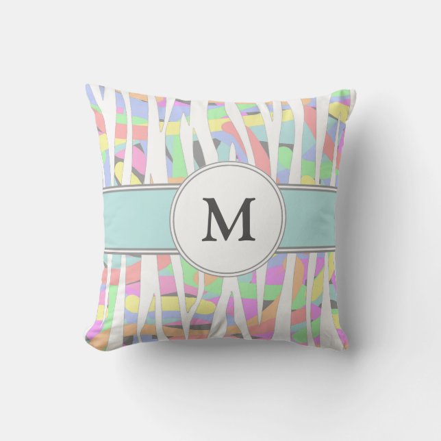 Pastel regenboogzebra Afdrukken Aangepast monogram Kussen (Voorkant)