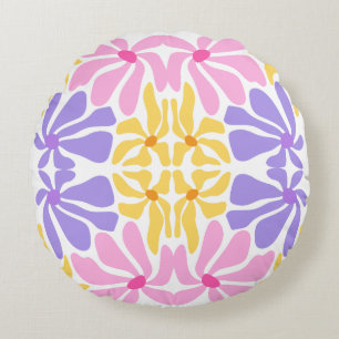 Pastel Retro Bloemmotief - Levendig Kaleidoscoop P Rond Kussen