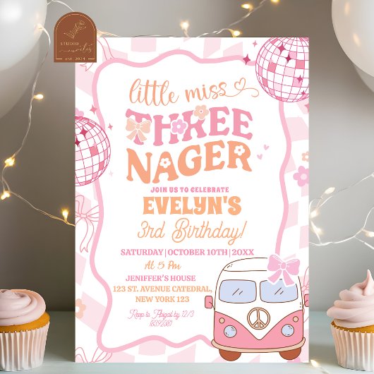Pastel Retro Bus Groovy Little Miss Threenager Kaart