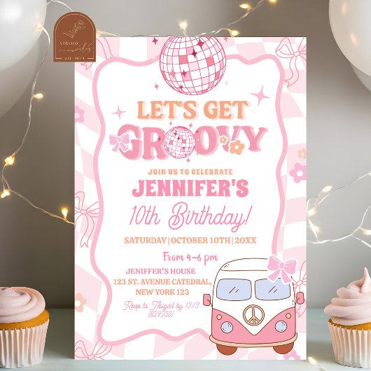 Pastel Retro Bus Groovy Verjaardagsfeest Kaart