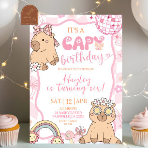 Pastel Retro Capybara Meisje Verjaardagsfeestje Kaart