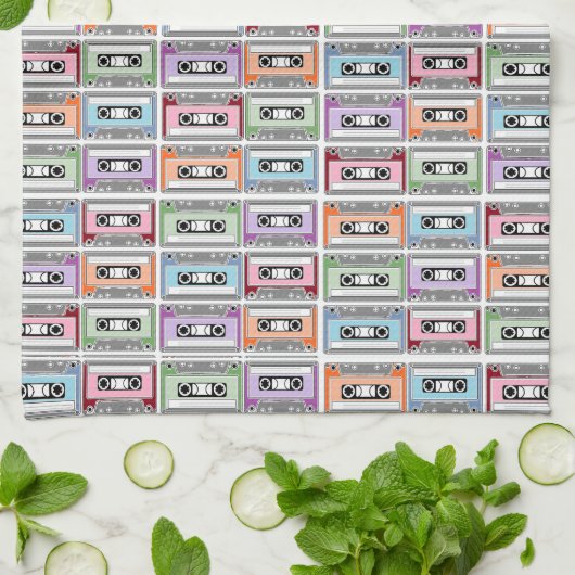 Pastel Retro Cassette Tapes Pattern Theedoek (Gevouwen)