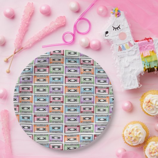 Pastel Retro Cassettebandjes Patroon Papieren Bordje (Feest)