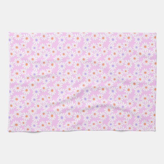 Pastel Retro Daisy Florals op Bord Roze Theedoek (Horizontaal)