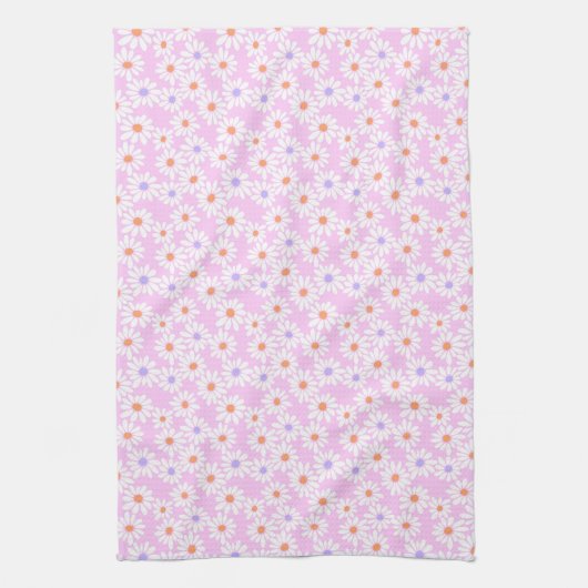 Pastel Retro Daisy Florals op Bord Roze Theedoek (Verticaal)