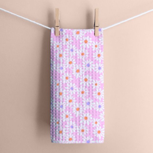 Pastel Retro Daisy Florals op Bord Roze Theedoek