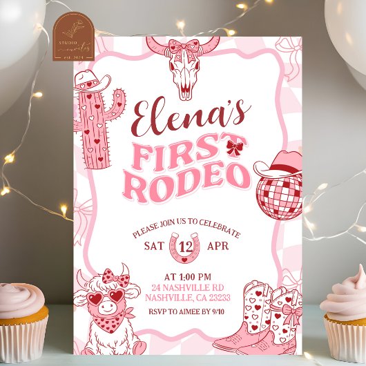 Pastel Retro First Rodeo Birthday party Kaart