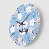 Pastel Retro Flowers op blauw Grote Klok (Hoek)
