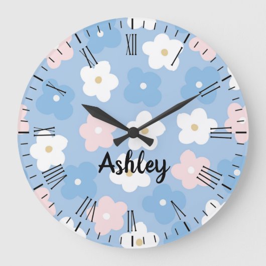 Pastel Retro Flowers op blauw Grote Klok (Voorkant)