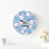 Pastel Retro Flowers op blauw Grote Klok (Huis)