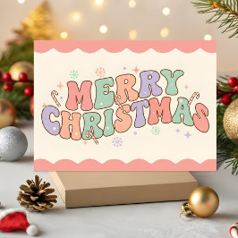 Pastel Retro Groovy Prettig Kerstfeest Feestdagen Kaart