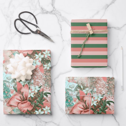 Pastel Retro-kerstvignet Inpakpapier Vel (Voorkant)