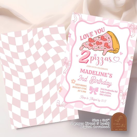 Pastel Retro Love You Two Pizza Party Kaart