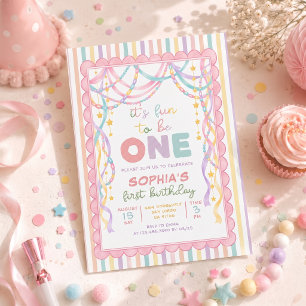 Pastel Retro Papieren Slingers Meisje 1e Verjaarda Kaart