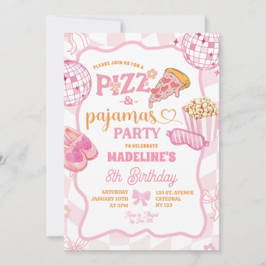 Pastel Retro Pizza en Pyjama Feestje Kaart (Voorkant)