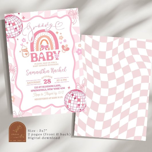 Pastel Retro Rainbow Groovy Baby shower Kaart