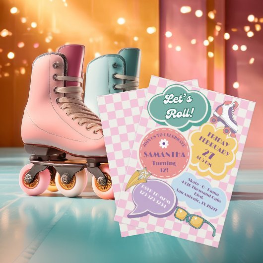 Pastel Retro Roller Schaatsfeest Uitnodiging