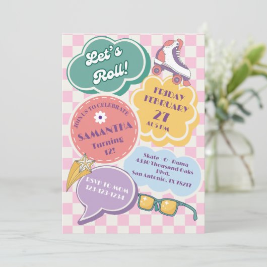 Pastel Retro Roller Skating Party Invitation (Staand voorkant)
