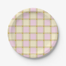 Pastel Retro Roze, Blauw en Geel Checkers Papieren Bordje