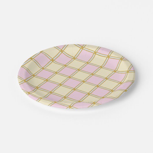 Pastel Retro Roze, Blauw en Geel Checkers Papieren Bordje (Gekanteld)