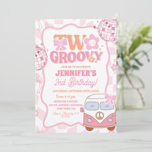 Pastel Retro Van Two Groovy 2e verjaardagsfeestje Kaart (Staand voorkant)