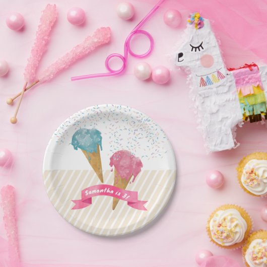 Pastel Retro Waterverf Ice Cream & Sprins Papieren Bordje (Feest)