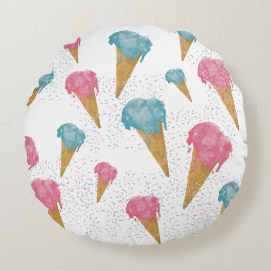 Pastel Retro Waterverf Ice Cream & Sprins Rond Kussen (Voorkant)