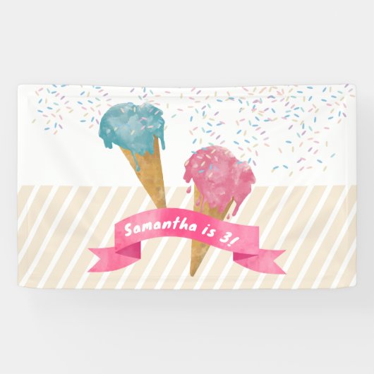 Pastel Retro Waterverf Ice Cream & Sprins Spandoek (Horizontaal)