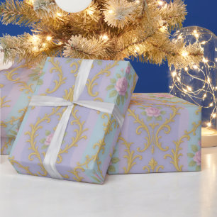 Pastel Rococo Damast – Antiek Goud & Rozen Cadeaupapier