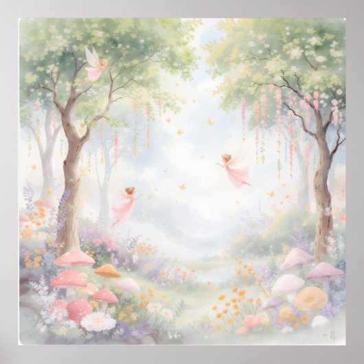 Pastel Rococo Fairy Garden Whimsical Nursery Mural Poster (Voorkant)