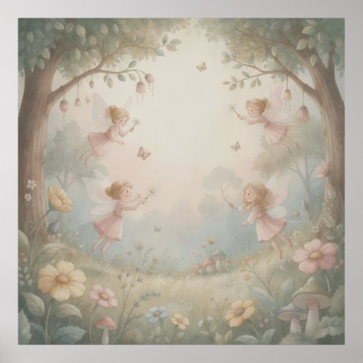 Pastel Rococo Fairy Garden Whimsical Nursery Mural Poster (Voorkant)