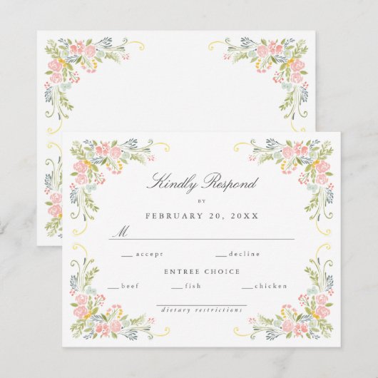 Pastel Rococo Garden Ornate Floral Wedding RSVP Kaartje (Voorkant / Achterkant)