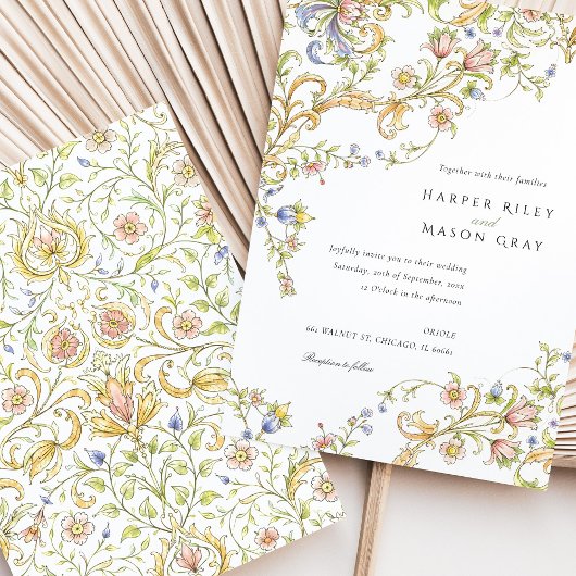 Pastel Rococo Scrollwork Bloemen Huwelijk Kaart