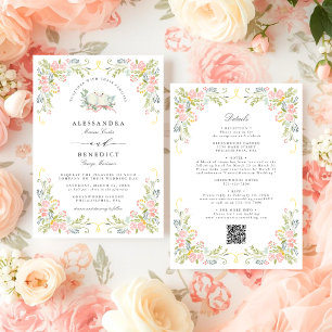 Pastel Rococo Tuin Sierlijke Bloemen Bruiloft QR Kaart
