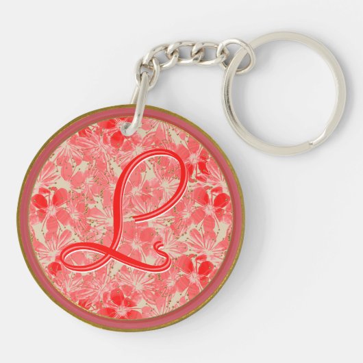 Pastel Rode Bloemen op Crème - Monogrammed Sleutelhanger (Achterkant)
