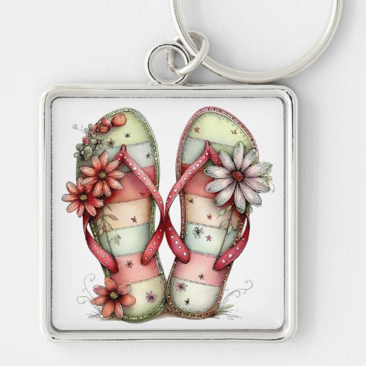 PASTEL RODE & GROENE ZOMER FLIP FLOPS SLEUTELHANGER (Voorkant)