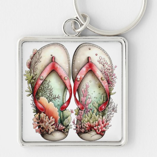 PASTEL RODE & GROENE ZOMER FLIP FLOPS SLEUTELHANGER (Voorkant)