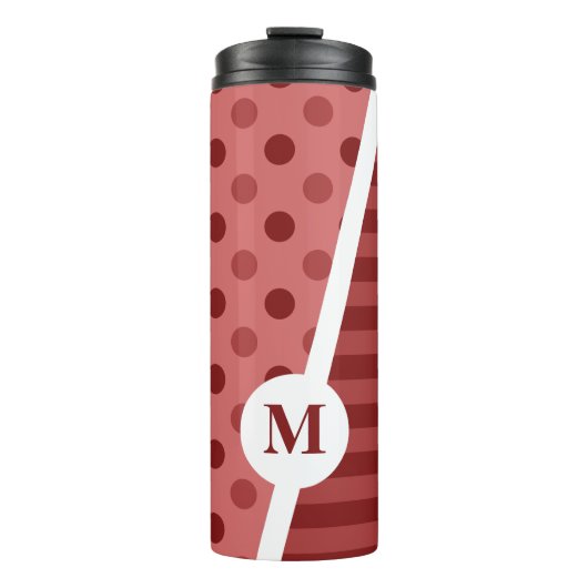 Pastel Rode Polka stippen en strepen: Monogram Thermosbeker (Voorkant)