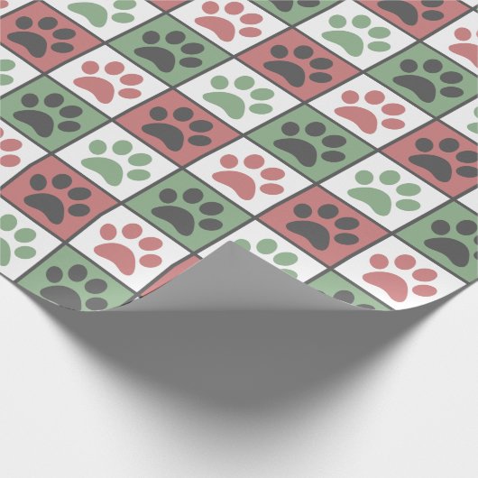 Pastel Rood en groen Paw Print Controleer Patroon Cadeaupapier (Hoek)