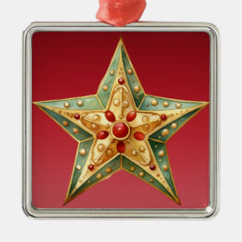 PASTEL ROOD GROEN GOUD PUNTIGE KERSTSTER METALEN ORNAMENT