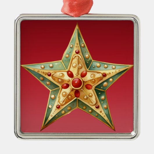 PASTEL ROOD GROEN GOUD PUNTIGE KERSTSTER METALEN ORNAMENT (Voorkant)