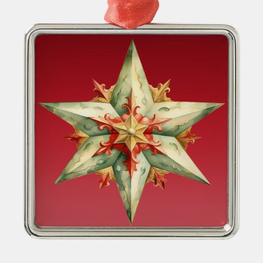 PASTEL ROOD GROEN GOUD PUNTIGE KERSTSTER METALEN ORNAMENT (Voorkant)