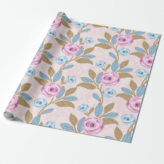 Pastel Roos Bloemen Goud Glitter Barok Antonietta Cadeaupapier (Uitgerold)